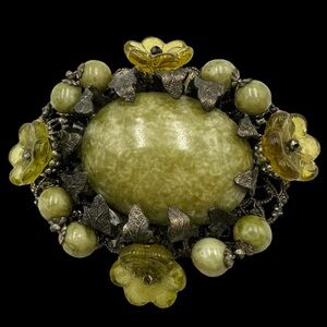 Miriam Haskell Signed Vintage Olive Green Cabochon Brooch
